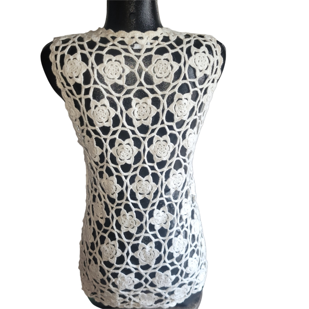 All Points Vintage Floral Crochet Vest M - Picture 5 of 6